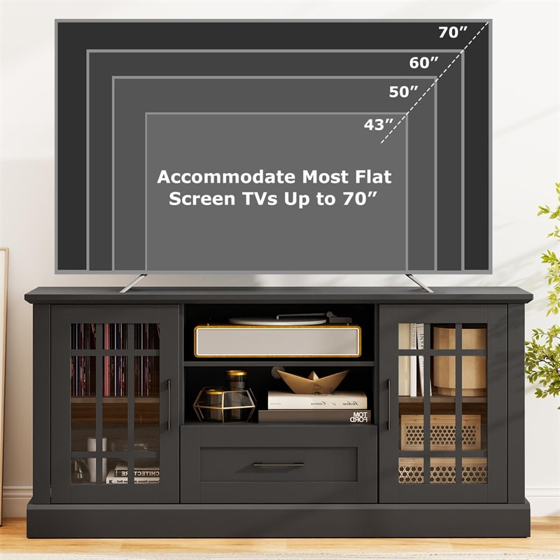 62" Farmhouse TV Stand for 70 Inch TVs, Tall Media Console Table with 2 Glass Doors, Cubbies & Drawer, Storage Cabinet for Living Room