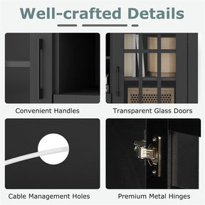 62" Farmhouse TV Stand for 70 Inch TVs, Tall Media Console Table with 2 Glass Doors, Cubbies & Drawer, Storage Cabinet for Living Room