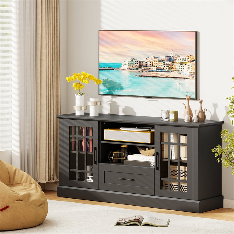 62" Farmhouse TV Stand for 70 Inch TVs, Tall Media Console Table with 2 Glass Doors, Cubbies & Drawer, Storage Cabinet for Living Room