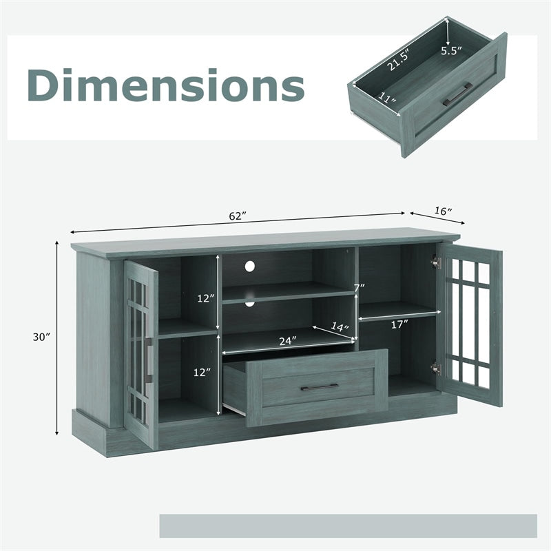62" Farmhouse TV Stand for 70 Inch TVs, Tall Media Console Table with 2 Glass Doors, Cubbies & Drawer, Storage Cabinet for Living Room