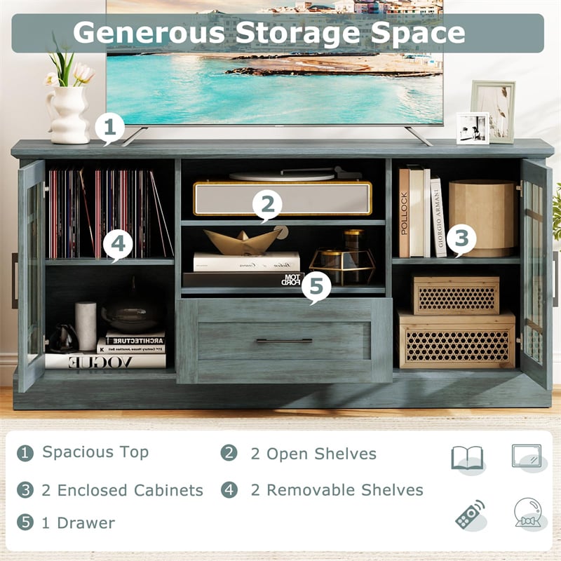 62" Farmhouse TV Stand for 70 Inch TVs, Tall Media Console Table with 2 Glass Doors, Cubbies & Drawer, Storage Cabinet for Living Room