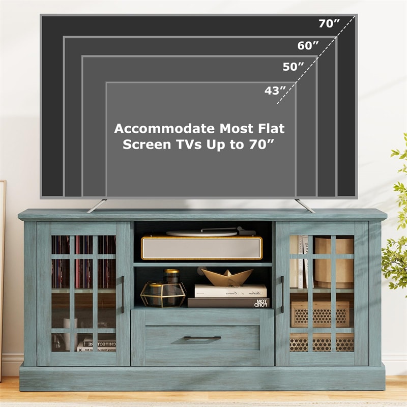 62" Farmhouse TV Stand for 70 Inch TVs, Tall Media Console Table with 2 Glass Doors, Cubbies & Drawer, Storage Cabinet for Living Room