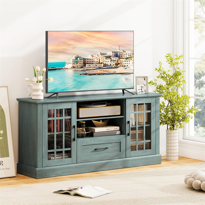 62" Farmhouse TV Stand for 70 Inch TVs, Tall Media Console Table with 2 Glass Doors, Cubbies & Drawer, Storage Cabinet for Living Room
