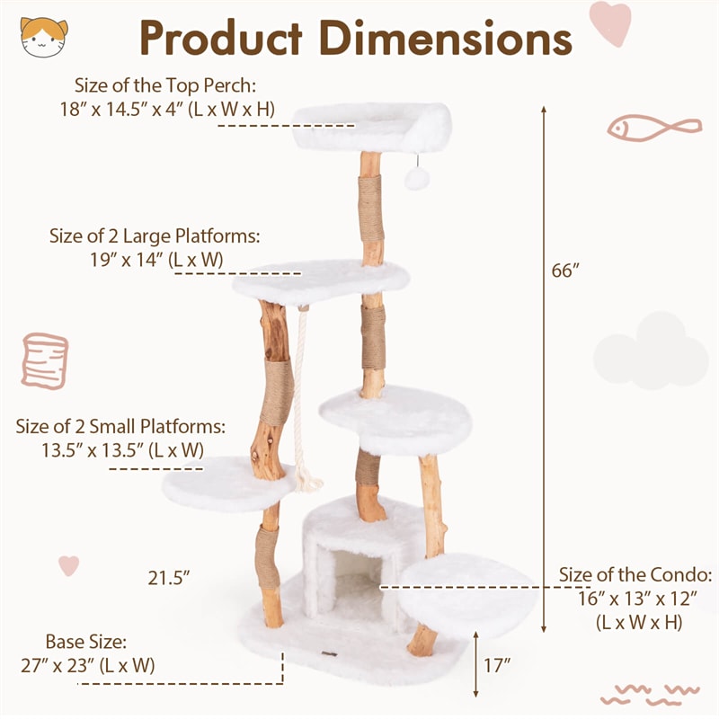 66" Tall Solid Wood Cat Tree for Large Cats, Modern Multi-Level Cat Tower with Condo, Plush Perch, Jute & Sisal Scratching Posts