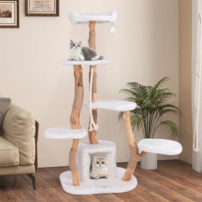 66" Tall Solid Wood Cat Tree for Large Cats, Modern Multi-Level Cat Tower with Condo, Plush Perch, Jute & Sisal Scratching Posts
