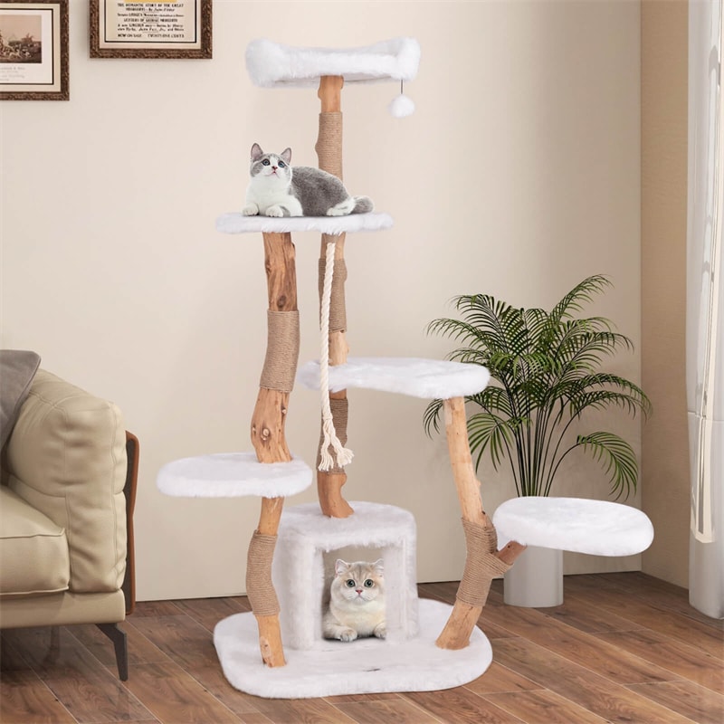66" Tall Solid Wood Cat Tree for Large Cats, Modern Multi-Level Cat Tower with Condo, Plush Perch, Jute & Sisal Scratching Posts