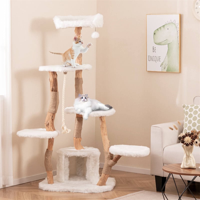 66" Tall Solid Wood Cat Tree for Large Cats, Modern Multi-Level Cat Tower with Condo, Plush Perch, Jute & Sisal Scratching Posts