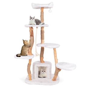 66" Tall Solid Wood Cat Tree for Large Cats, Modern Multi-Level Cat Tower with Condo, Plush Perch, Jute & Sisal Scratching Posts