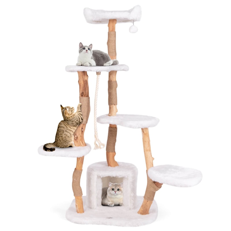 66" Tall Solid Wood Cat Tree for Large Cats, Modern Multi-Level Cat Tower with Condo, Plush Perch, Jute & Sisal Scratching Posts