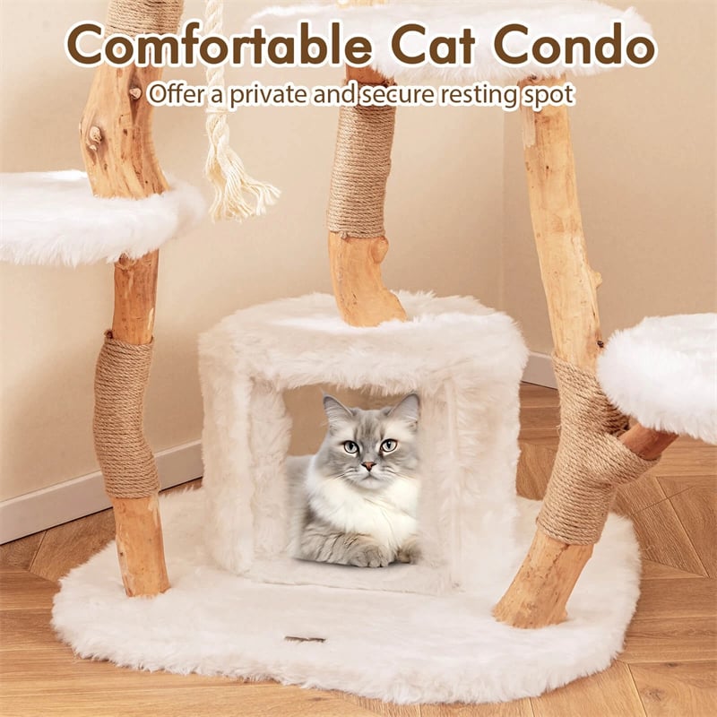 66" Tall Solid Wood Cat Tree for Large Cats, Modern Multi-Level Cat Tower with Condo, Plush Perch, Jute & Sisal Scratching Posts