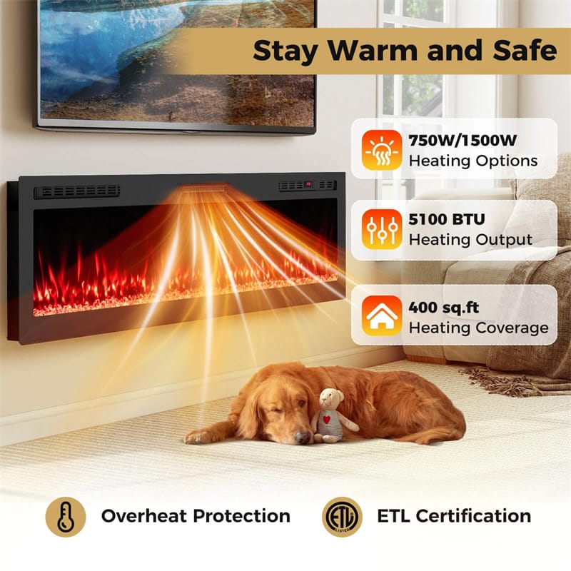 36-68" Smart WiFi Electric Fireplace, Recessed/Wall Mounted Fireplace Heater, 12 Flame & Ember Bed Colors, Alexa/Google Assistant, 12H Timer