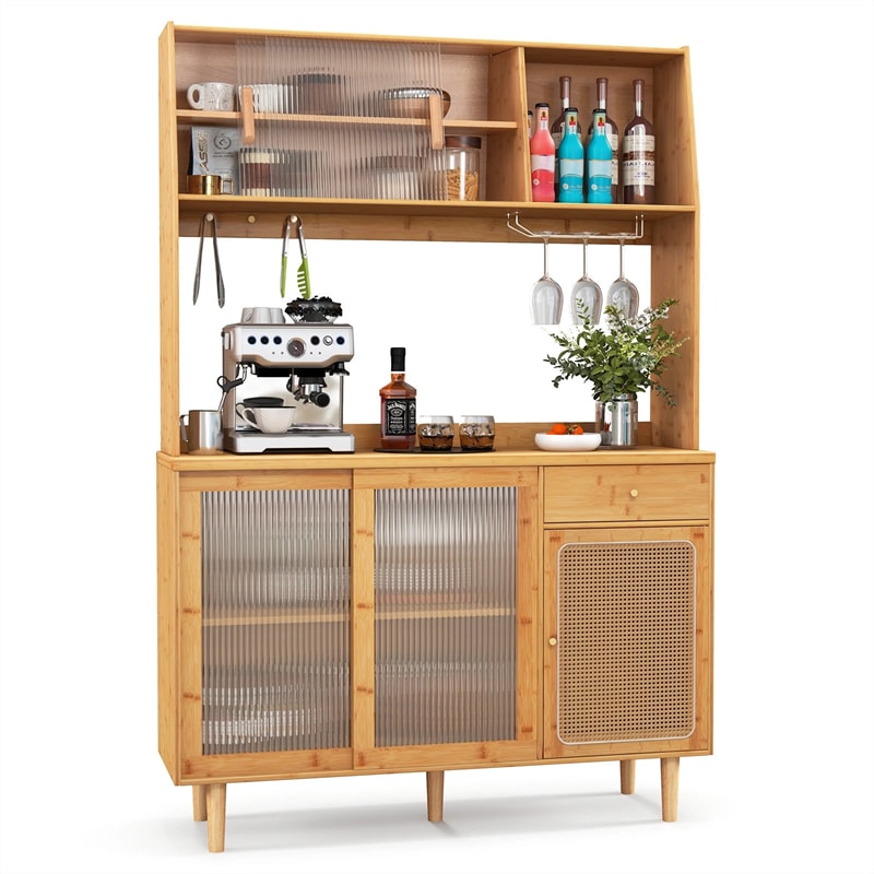 69" Tall Bamboo Kitchen Pantry Hutch Cabinet, Freestanding Buffet Sideboard with Rattan Door, Wine Storage & Microwave Countertop for Coffee Bar