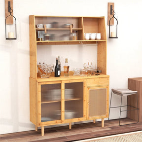 69" Tall Bamboo Kitchen Pantry Hutch Cabinet, Freestanding Buffet Sideboard with Rattan Door, Wine Storage & Microwave Countertop for Coffee Bar