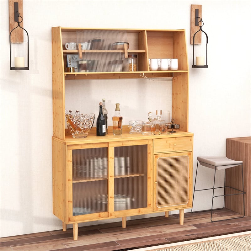 69" Tall Bamboo Kitchen Pantry Hutch Cabinet, Freestanding Buffet Sideboard with Rattan Door, Wine Storage & Microwave Countertop for Coffee Bar