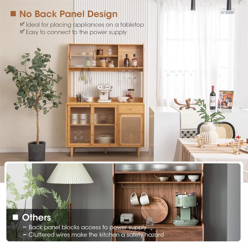 69" Tall Bamboo Kitchen Pantry Hutch Cabinet, Freestanding Buffet Sideboard with Rattan Door, Wine Storage & Microwave Countertop for Coffee Bar