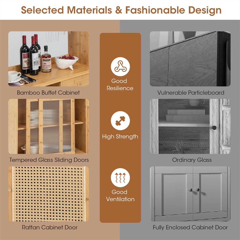 69" Tall Bamboo Kitchen Pantry Hutch Cabinet, Freestanding Buffet Sideboard with Rattan Door, Wine Storage & Microwave Countertop for Coffee Bar