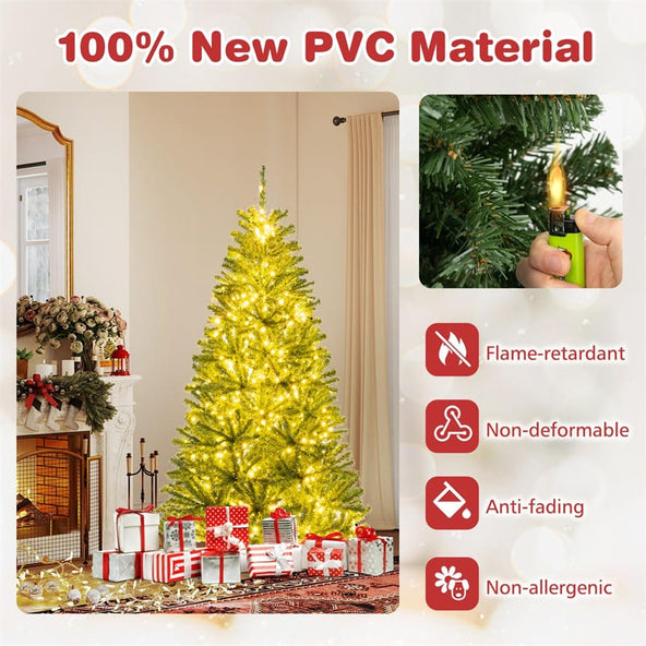 6/7/8FT Pre-Lit Artificial Christmas Tree, Hinged Xmas Tree with Remote, Warm White LED Lights, Timer, Adjustable Lighting Modes for Holiday Decor