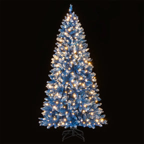 6/7/8/9 FT Pre-Lit Christmas Tree, Blue Hinged Xmas Tree with Frosted PVC Tips, Warm White LED Lights, 8 Modes & Folding Stand for Holiday Decor