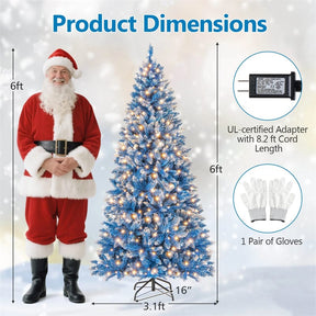 6/7/8/9 FT Pre-Lit Christmas Tree, Blue Hinged Xmas Tree with Frosted PVC Tips, Warm White LED Lights, 8 Modes & Folding Stand for Holiday Decor