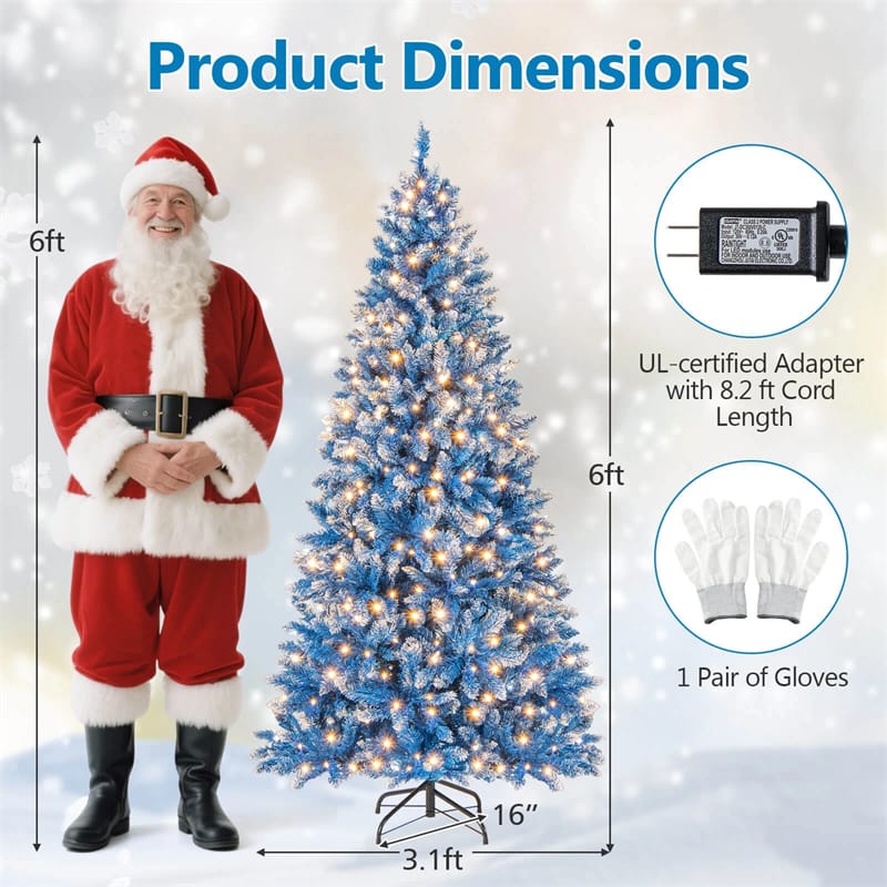 6/7/8/9 FT Pre-Lit Christmas Tree, Blue Hinged Xmas Tree with Frosted PVC Tips, Warm White LED Lights, 8 Modes & Folding Stand for Holiday Decor