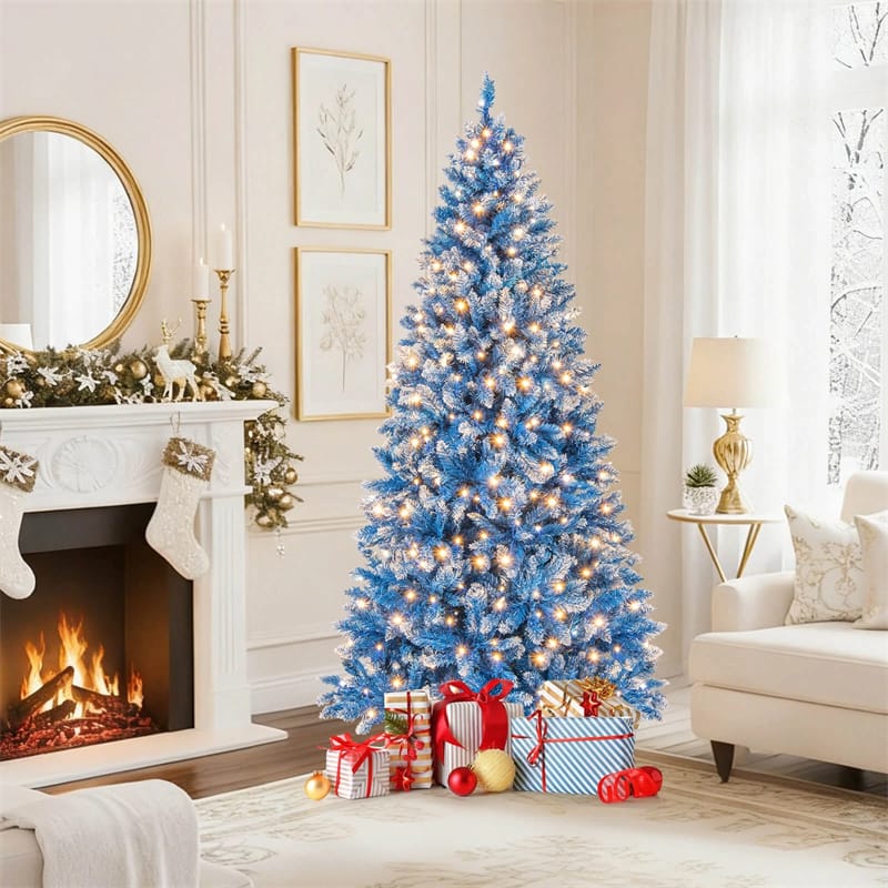 6/7/8/9 FT Pre-Lit Christmas Tree, Blue Hinged Xmas Tree with Frosted PVC Tips, Warm White LED Lights, 8 Modes & Folding Stand for Holiday Decor