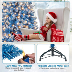 6/7/8/9 FT Pre-Lit Christmas Tree, Blue Hinged Xmas Tree with Frosted PVC Tips, Warm White LED Lights, 8 Modes & Folding Stand for Holiday Decor