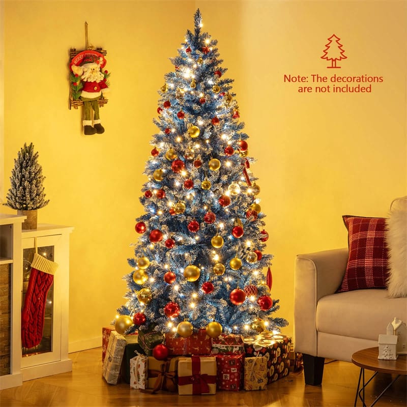 6/7/8/9 FT Pre-Lit Christmas Tree, Blue Hinged Xmas Tree with Frosted PVC Tips, Warm White LED Lights, 8 Modes & Folding Stand for Holiday Decor