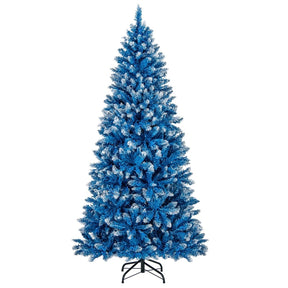 6/7/8/9 FT Pre-Lit Christmas Tree, Blue Hinged Xmas Tree with Frosted PVC Tips, Warm White LED Lights, 8 Modes & Folding Stand for Holiday Decor