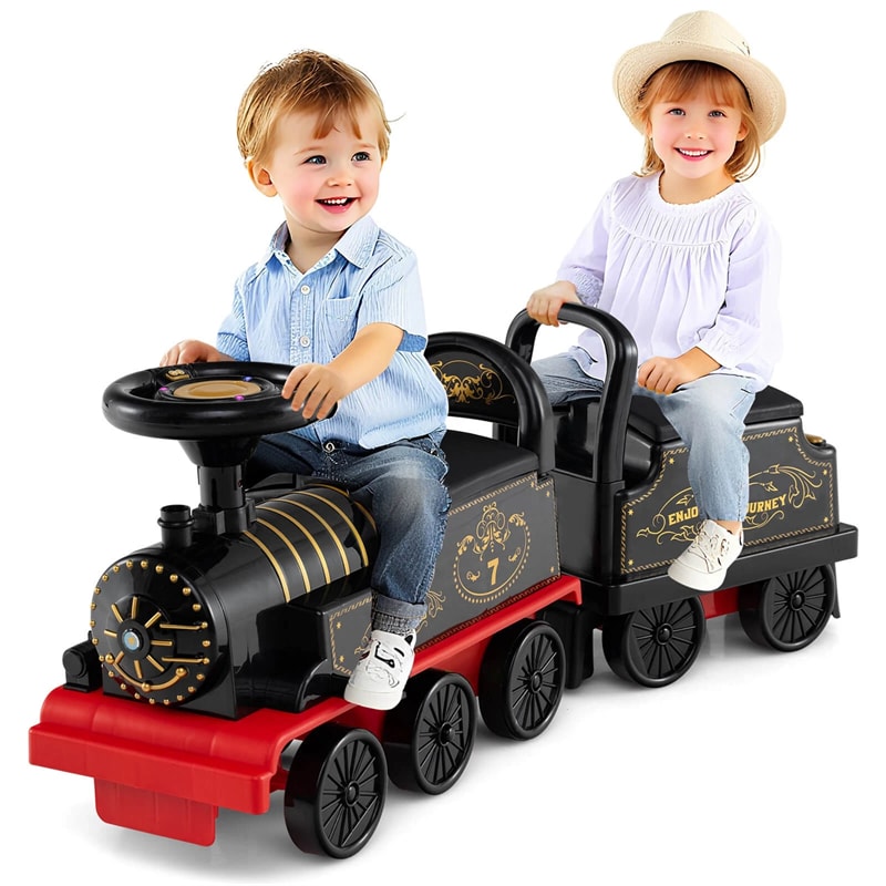 6V 2-Seater Ride On Train with Detachable Carriage, Under-Seat Storage, Whistle & Flashing LED Lights, Trackless Electric Ride On Toy for Kids