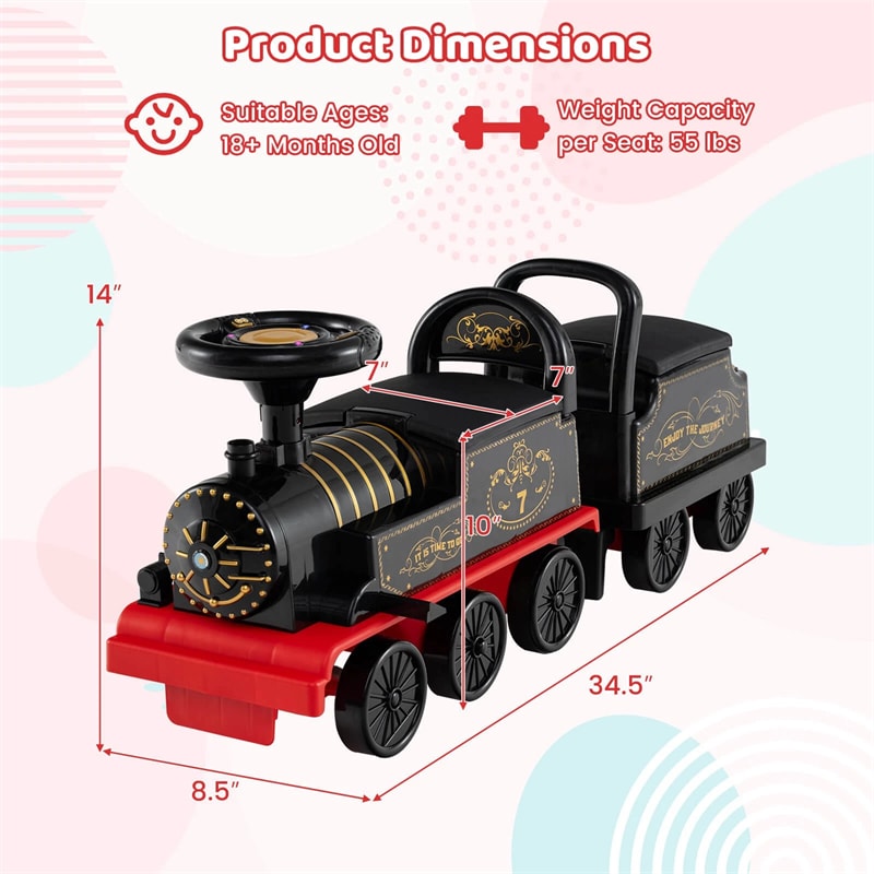 6V 2-Seater Ride On Train with Detachable Carriage, Under-Seat Storage, Whistle & Flashing LED Lights, Trackless Electric Ride On Toy for Kids