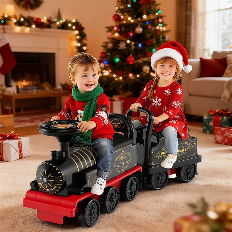 6V 2-Seater Ride On Train with Detachable Carriage, Under-Seat Storage, Whistle & Flashing LED Lights, Trackless Electric Ride On Toy for Kids