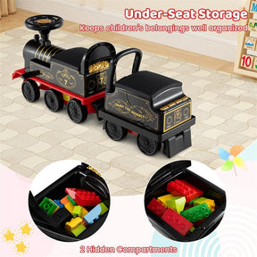 6V 2-Seater Ride On Train with Detachable Carriage, Under-Seat Storage, Whistle & Flashing LED Lights, Trackless Electric Ride On Toy for Kids