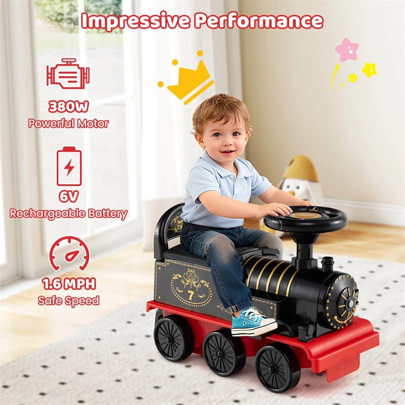 6V 2-Seater Ride On Train with Detachable Carriage, Under-Seat Storage, Whistle & Flashing LED Lights, Trackless Electric Ride On Toy for Kids