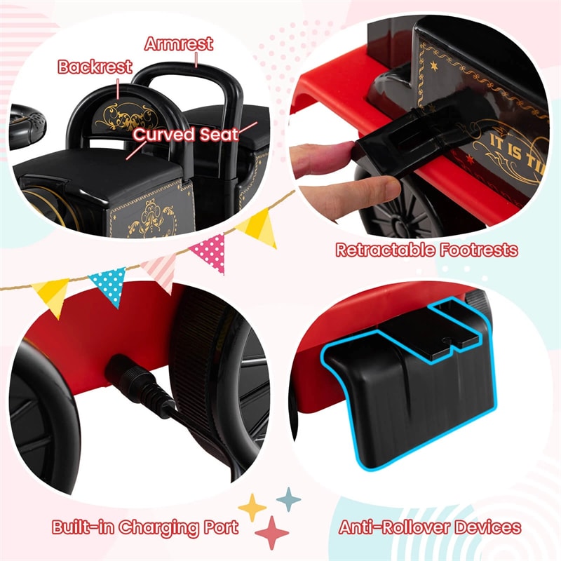 6V 2-Seater Ride On Train with Detachable Carriage, Under-Seat Storage, Whistle & Flashing LED Lights, Trackless Electric Ride On Toy for Kids