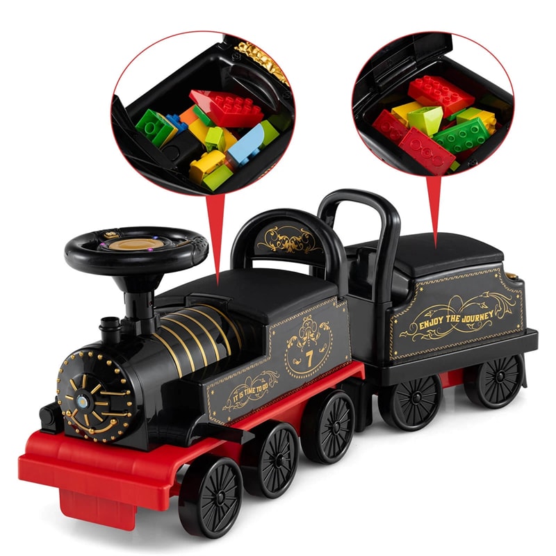 6V 2-Seater Ride On Train with Detachable Carriage, Under-Seat Storage, Whistle & Flashing LED Lights, Trackless Electric Ride On Toy for Kids