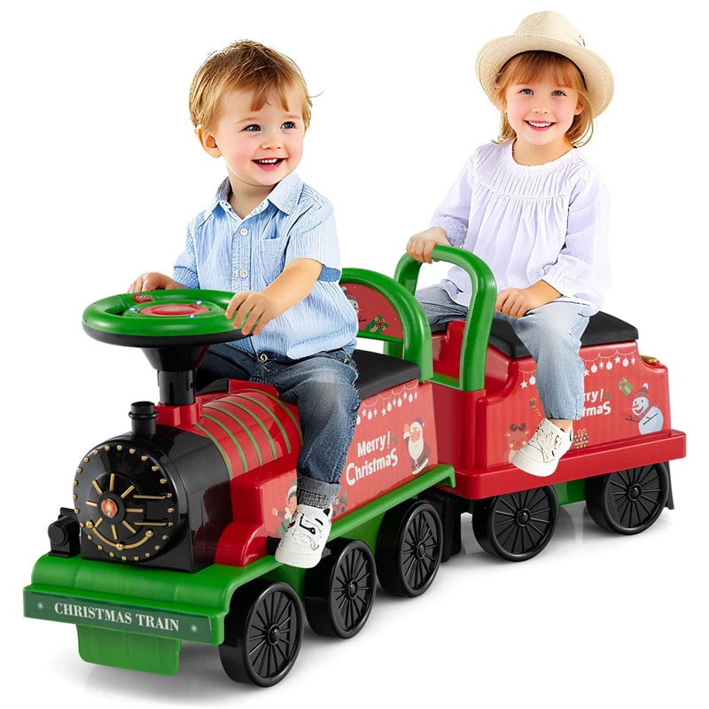 6V 2-Seater Ride On Train with Detachable Carriage, Under-Seat Storage, Whistle & Flashing LED Lights, Trackless Electric Ride On Toy for Kids