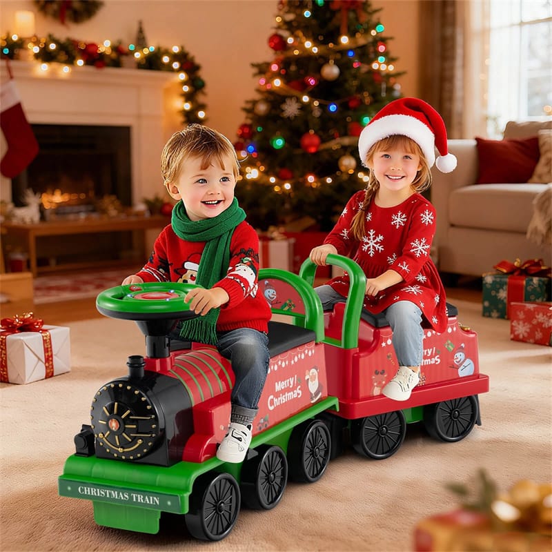 6V 2-Seater Ride On Train with Detachable Carriage, Under-Seat Storage, Whistle & Flashing LED Lights, Trackless Electric Ride On Toy for Kids
