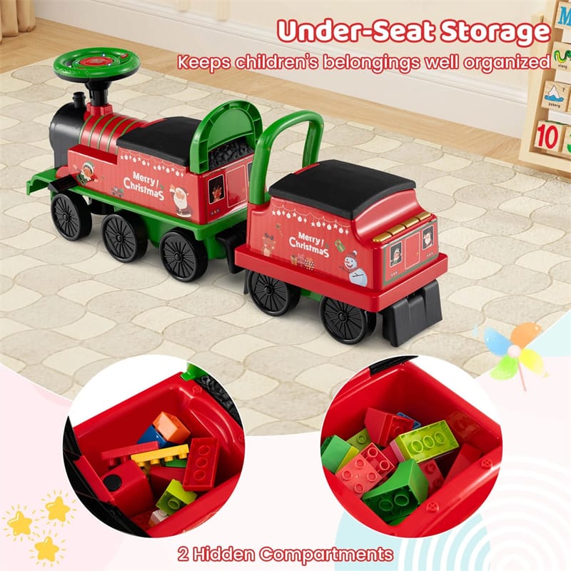 6V 2-Seater Ride On Train with Detachable Carriage, Under-Seat Storage, Whistle & Flashing LED Lights, Trackless Electric Ride On Toy for Kids