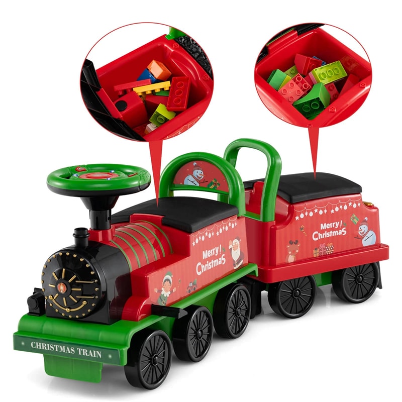 6V 2-Seater Ride On Train with Detachable Carriage, Under-Seat Storage, Whistle & Flashing LED Lights, Trackless Electric Ride On Toy for Kids