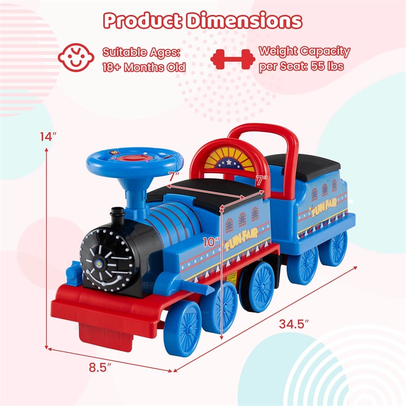 6V 2-Seater Ride On Train with Detachable Carriage, Under-Seat Storage, Whistle & Flashing LED Lights, Trackless Electric Ride On Toy for Kids