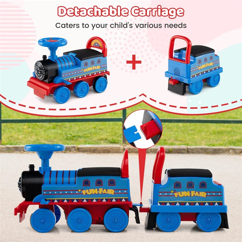 6V 2-Seater Ride On Train with Detachable Carriage, Under-Seat Storage, Whistle & Flashing LED Lights, Trackless Electric Ride On Toy for Kids
