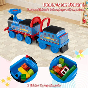 6V 2-Seater Ride On Train with Detachable Carriage, Under-Seat Storage, Whistle & Flashing LED Lights, Trackless Electric Ride On Toy for Kids