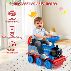 6V 2-Seater Ride On Train with Detachable Carriage, Under-Seat Storage, Whistle & Flashing LED Lights, Trackless Electric Ride On Toy for Kids