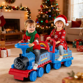 6V 2-Seater Ride On Train with Detachable Carriage, Under-Seat Storage, Whistle & Flashing LED Lights, Trackless Electric Ride On Toy for Kids