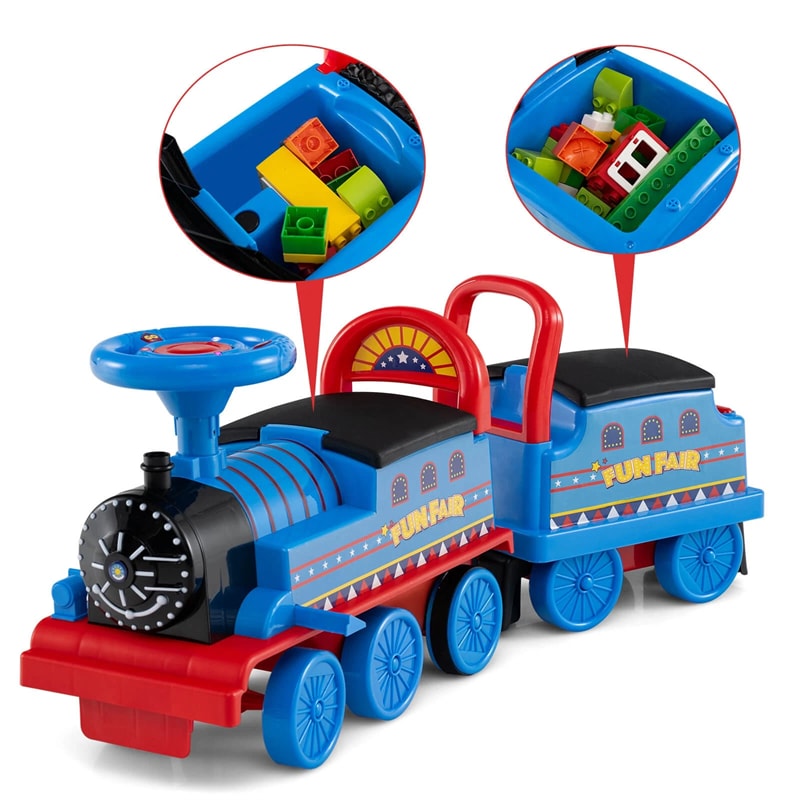 6V 2-Seater Ride On Train with Detachable Carriage, Under-Seat Storage, Whistle & Flashing LED Lights, Trackless Electric Ride On Toy for Kids