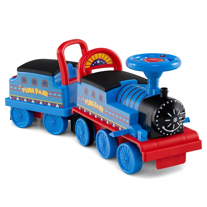 6V 2-Seater Ride On Train with Detachable Carriage, Under-Seat Storage, Whistle & Flashing LED Lights, Trackless Electric Ride On Toy for Kids