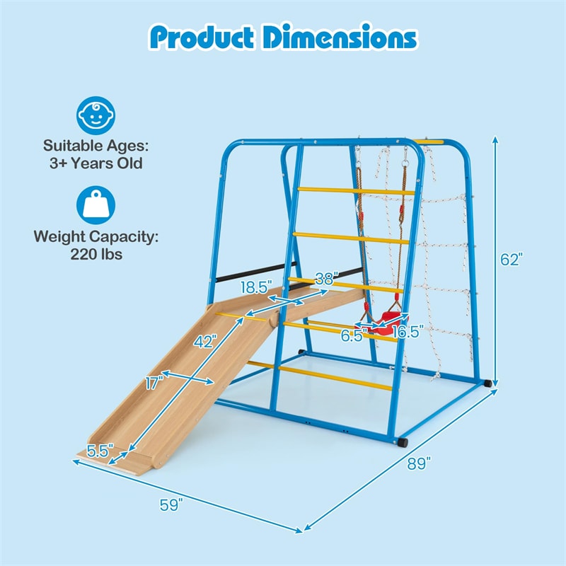 6-in-1 Indoor Playground Jungle Gym, Metal Montessori Climbing Toys with Slide, Swing & Monkey Bars for Kids & Toddlers 3+ Years
