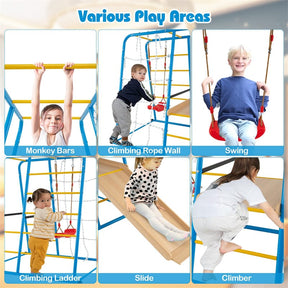 6-in-1 Indoor Playground Jungle Gym, Metal Montessori Climbing Toys with Slide, Swing & Monkey Bars for Kids & Toddlers 3+ Years