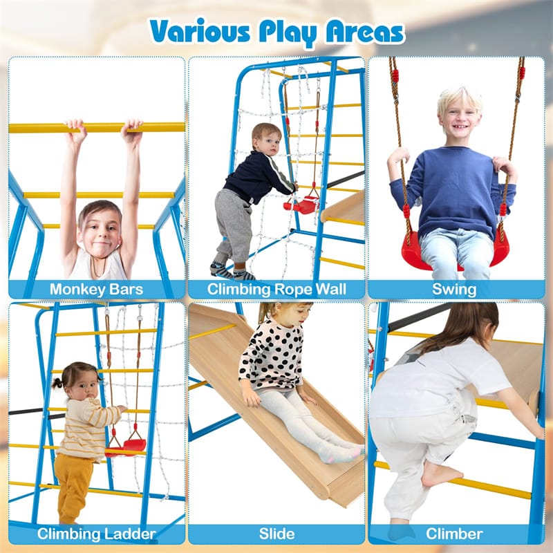 6-in-1 Indoor Playground Jungle Gym, Metal Montessori Climbing Toys with Slide, Swing & Monkey Bars for Kids & Toddlers 3+ Years