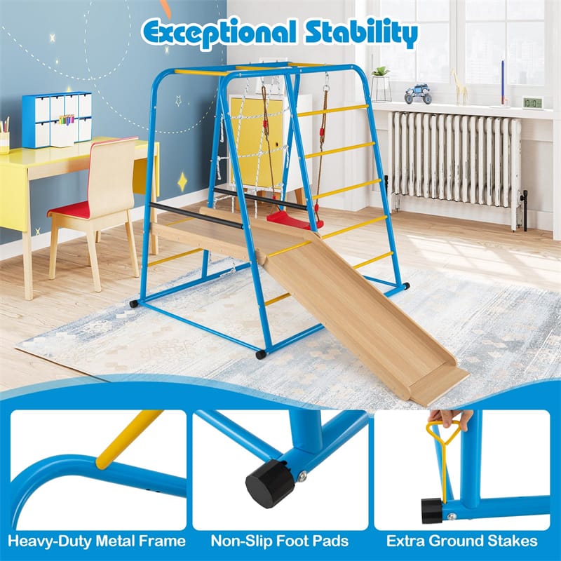 6-in-1 Indoor Playground Jungle Gym, Metal Montessori Climbing Toys with Slide, Swing & Monkey Bars for Kids & Toddlers 3+ Years
